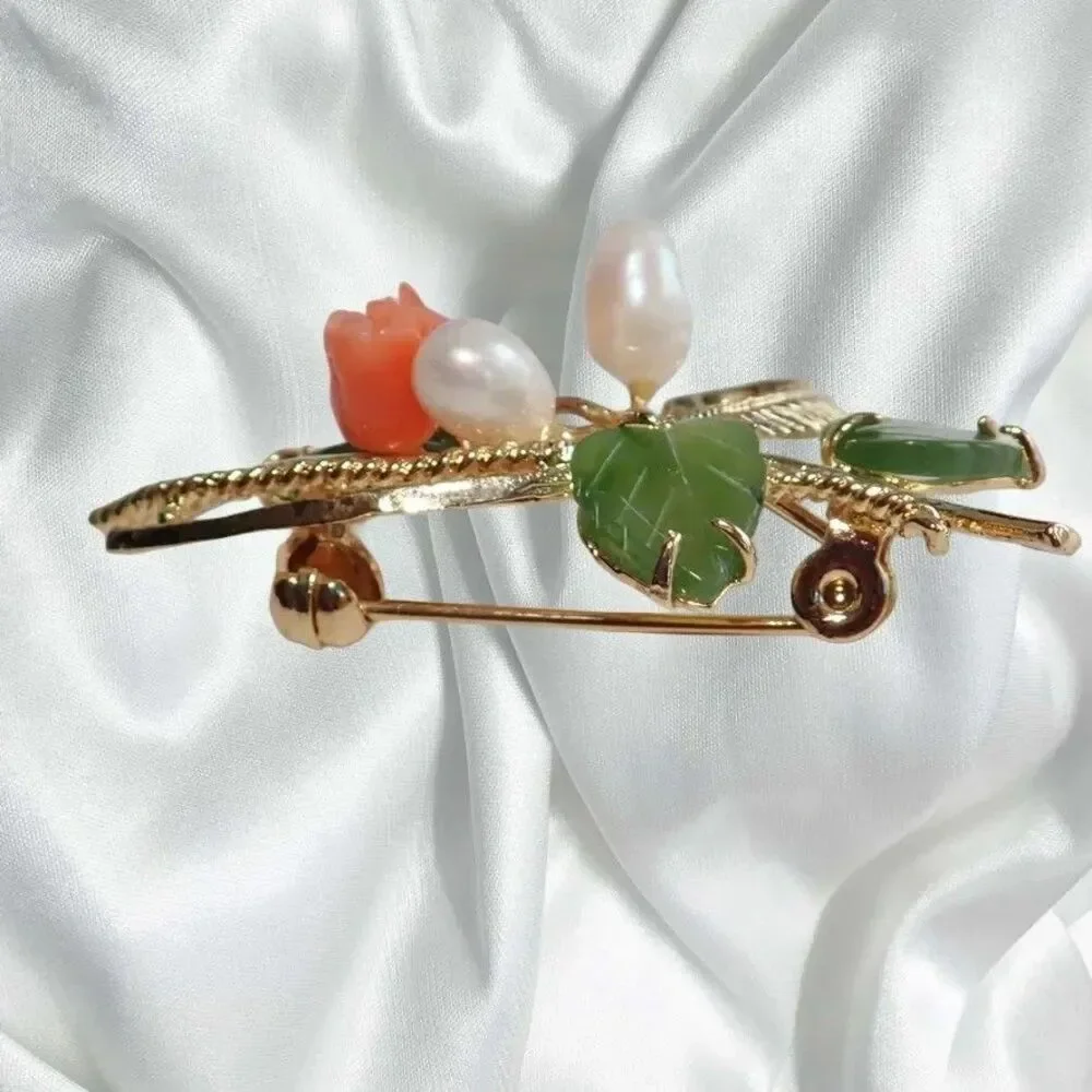 Pink Coral Pearls & Green Jade Leaves Brooch Floral Spray Faux Fashion VTG Pin